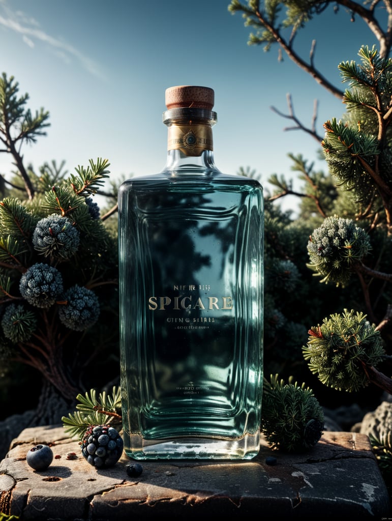 professional photography of a square gin bottle, square bottle, surrounding a juniper and juniper berries, one shot of gin in a front, no label, clear, mockup