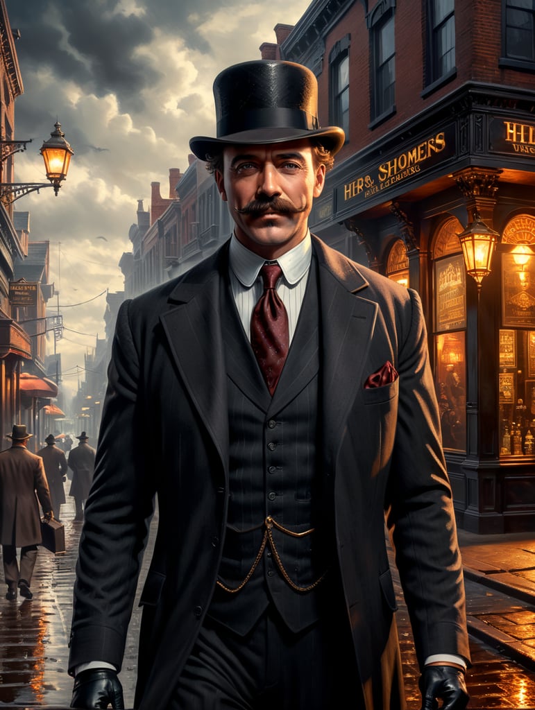 Step into the world of H.H. Holmes, where a sharp suit and a charming smile hide a dark and twisted mind. Show us the shadows that hint at his true intentions as he confidently sells insurance to unsuspecting victims."