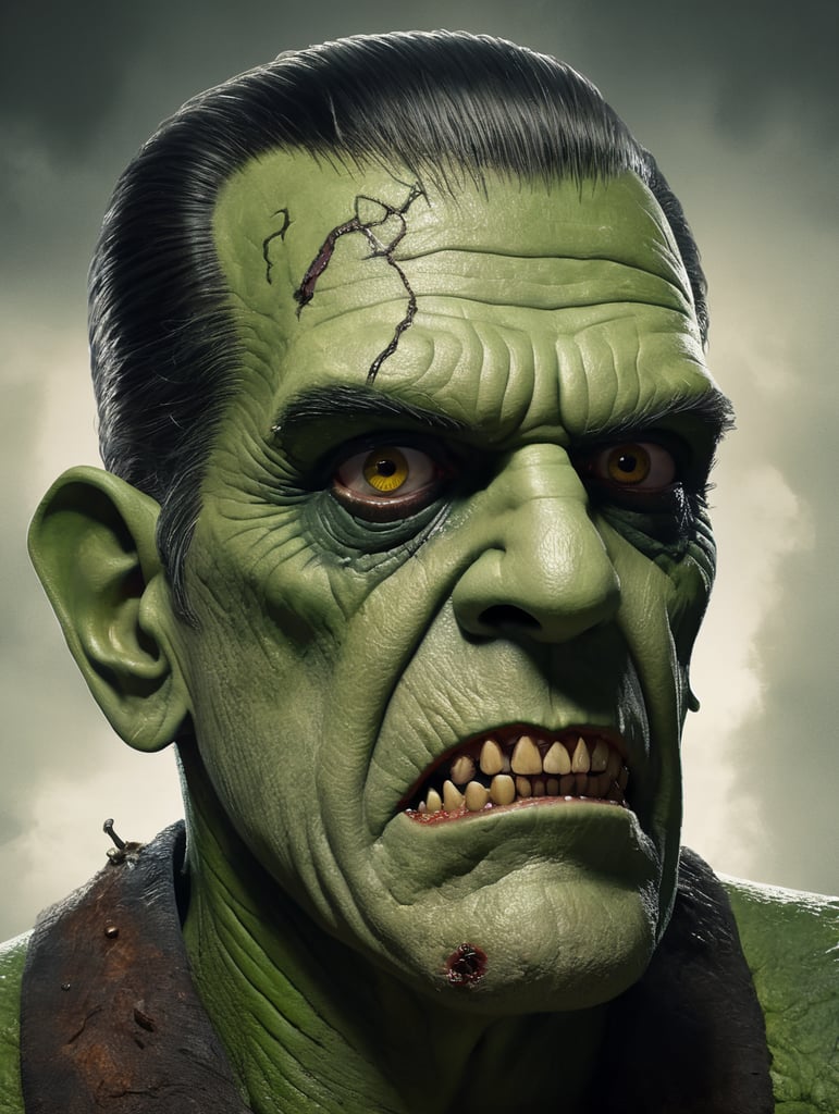 hyperrealistic cartoon image of Boris Karloff as Frankenstein's Monster, Green Skin, muted color palette, atmospheric, creepy, intricate detail, reanimated corpse, scar tissue, decomposing, starring eyes, horror, horrific, neck, bolts, gangrene, veins, mutilated, stitches on face