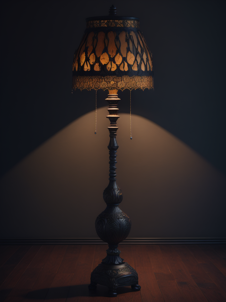 wooden floor lamp, carved black wood, decorated with gems