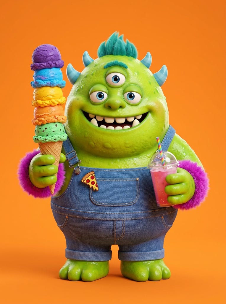 A rotund, lime-green monster stands against a seamless bright orange background. The 3D-rendered creature features three blue eyes, four small horns, a wide toothy smile with lower fangs, teal hair, and glossy, bumpy skin. It wears textured blue denim overalls decorated with a pizza slice pin and fluffy magenta wrist cuffs. The right hand balances a towering waffle cone stacked with five vibrant, multi-colored ice cream scoops. The left hand grasps a plastic cup with a dome lid, a straw, and a pink beverage. Bright studio lighting highlights the highly saturated color palette, playful proportions, and intricate material finishes.