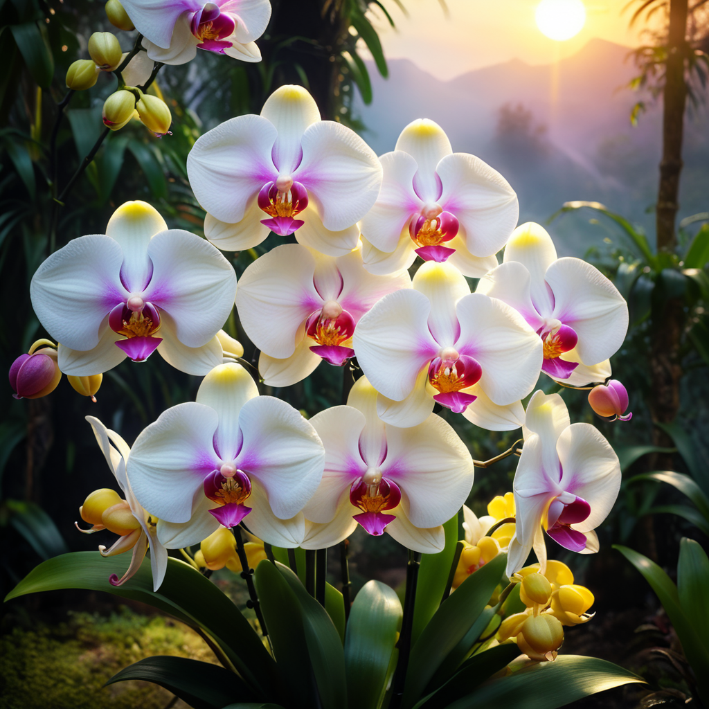 stunningly beautiful bouquet of orchid flowers, delicate white, pink, yellow orchid flowers, beautiful deep colors, glowing aura, a masterpiece, 8k resolution, dynamic lighting, hyperdetailed, intricately detailed,volumetric lighting, complementary colours, sunshine, trees, birds