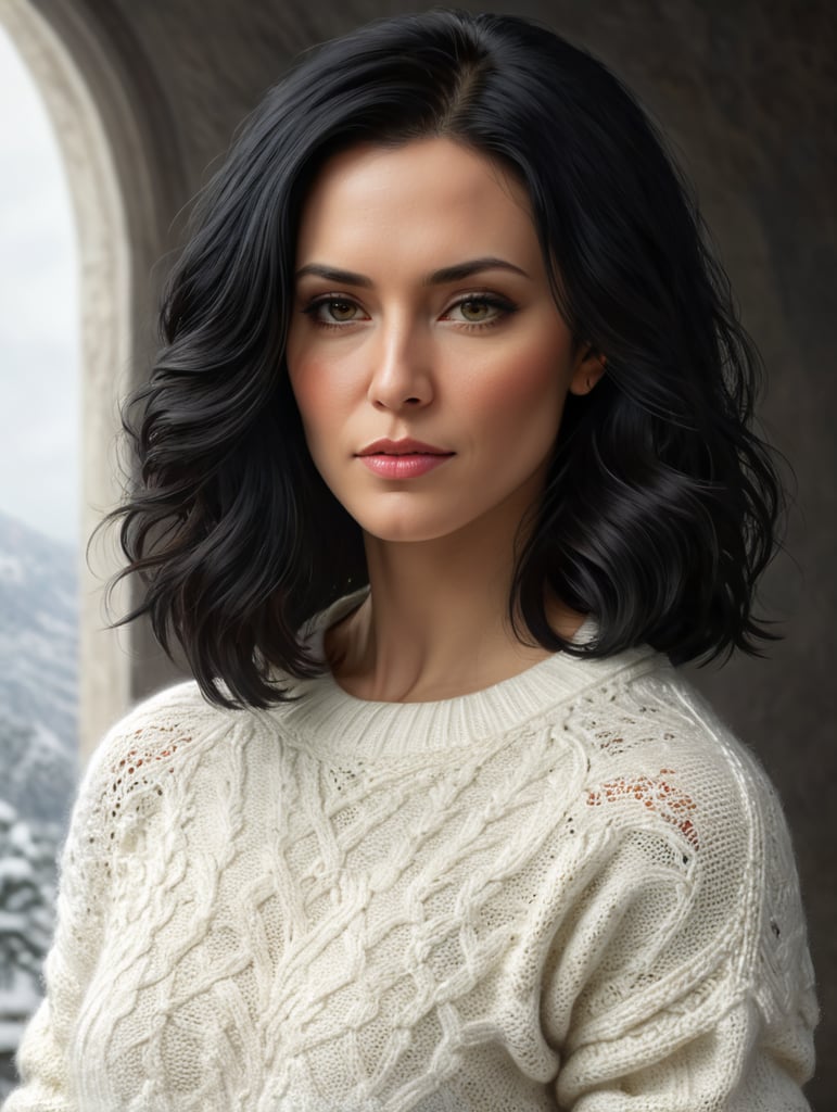 A 35-year-old woman with shoulder-length black hair wearing a white sweater, Half-body close-up photos,