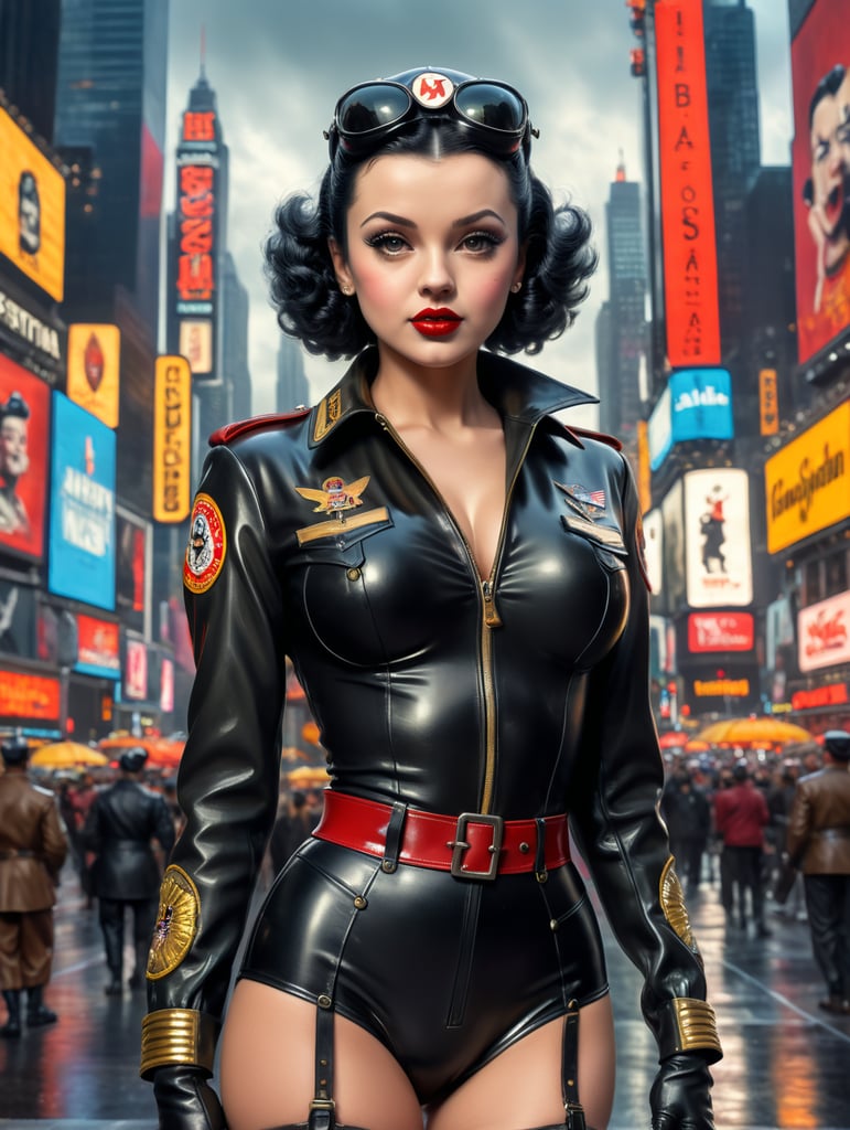 Betty boop in a latex aviator 1940s uniform in Times Square