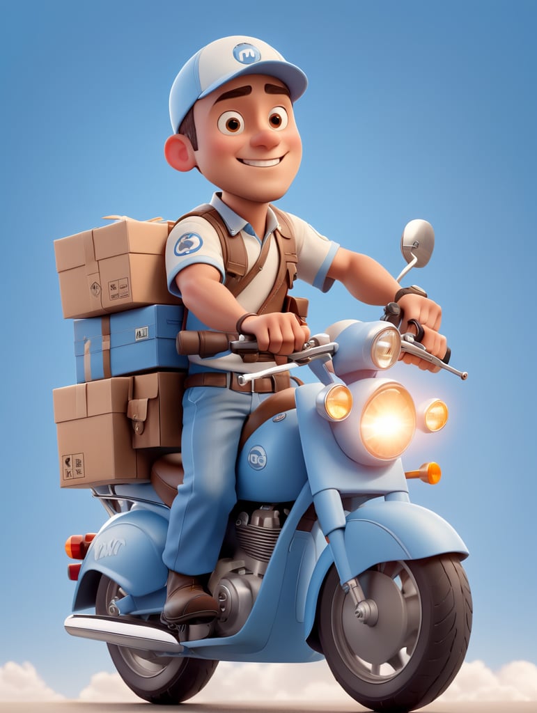 man on motorcycle making courier delivery with light blue background