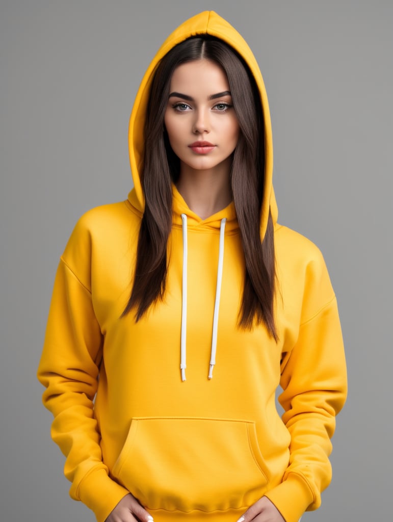 Portrait of a beautiful young woman wearing blank yellow hoodie, minimalism, mockup, mock up