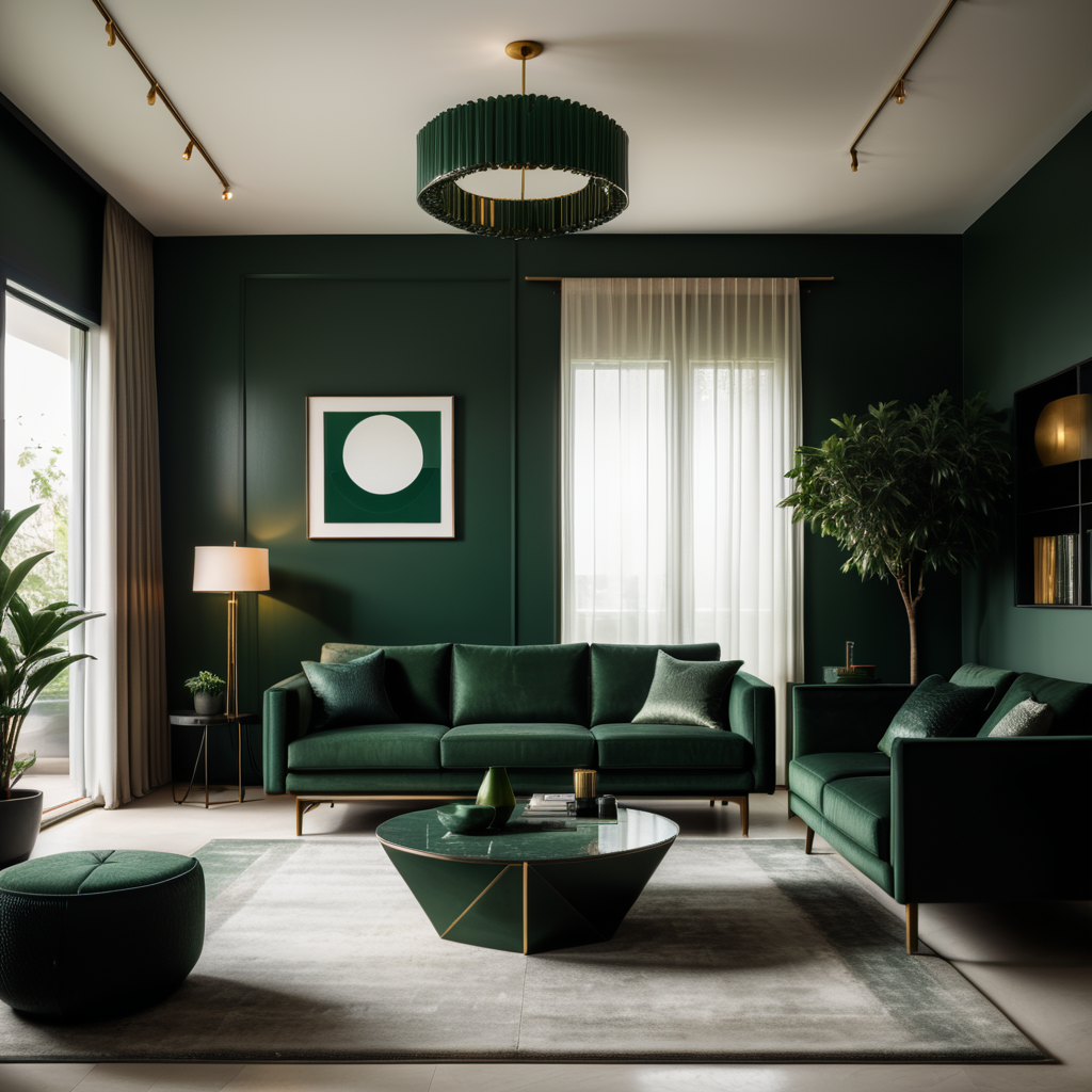 Interior design of a living room, bauhaus style, dark green.