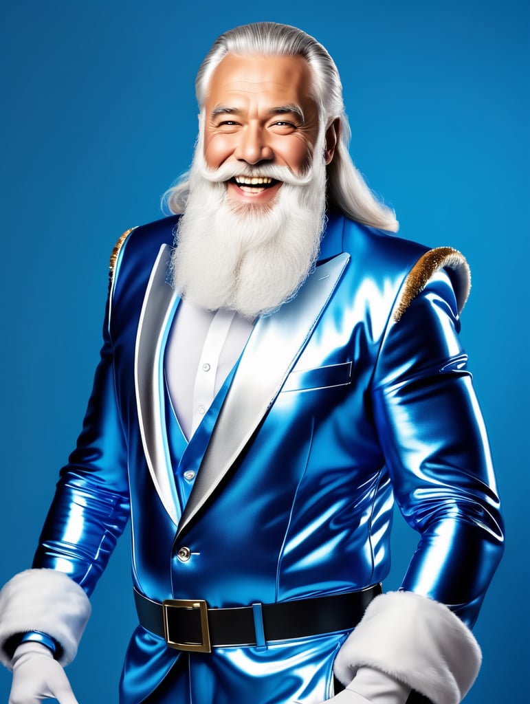 Santa Claus with a long thick white beard, dressed in a silver chrome suit, in a cheerful mood, professional studio photo, bright blue background, bright colors