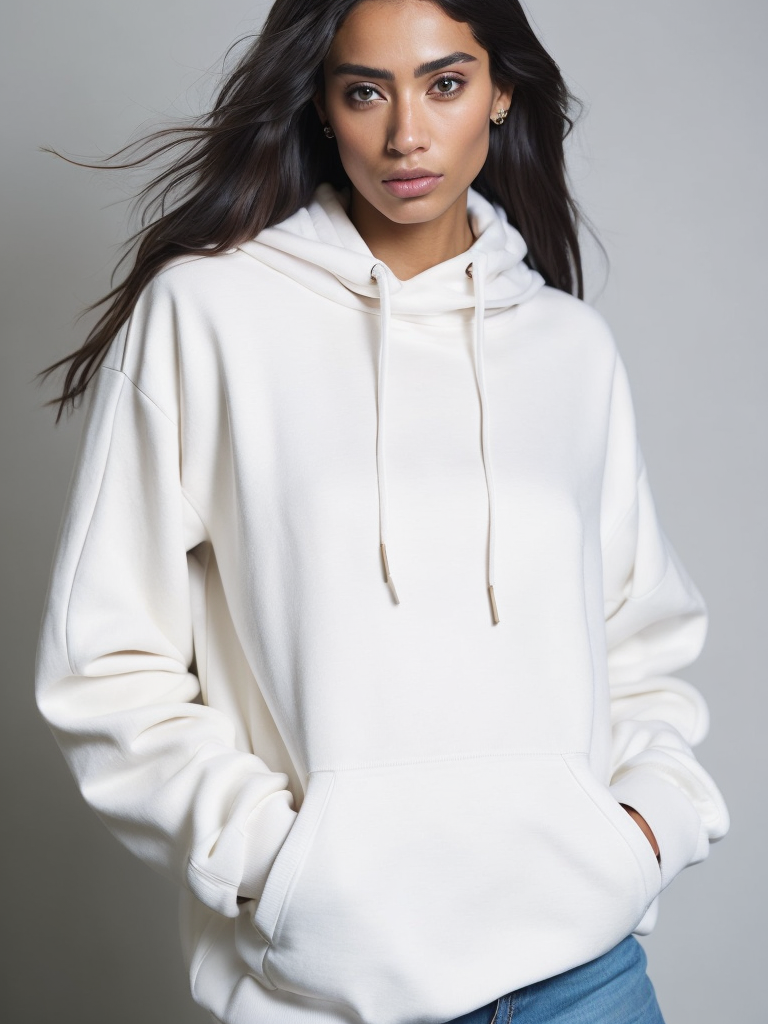 a Latina women wearing white hoodie, grey background