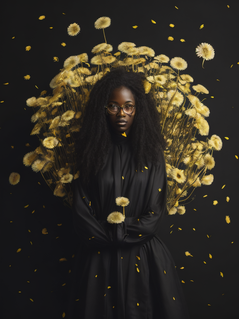 full body view of vantablack portrait in dandelions a with shine gold endings, eternal space, planets, saturn , captured with a Hasselblad camera