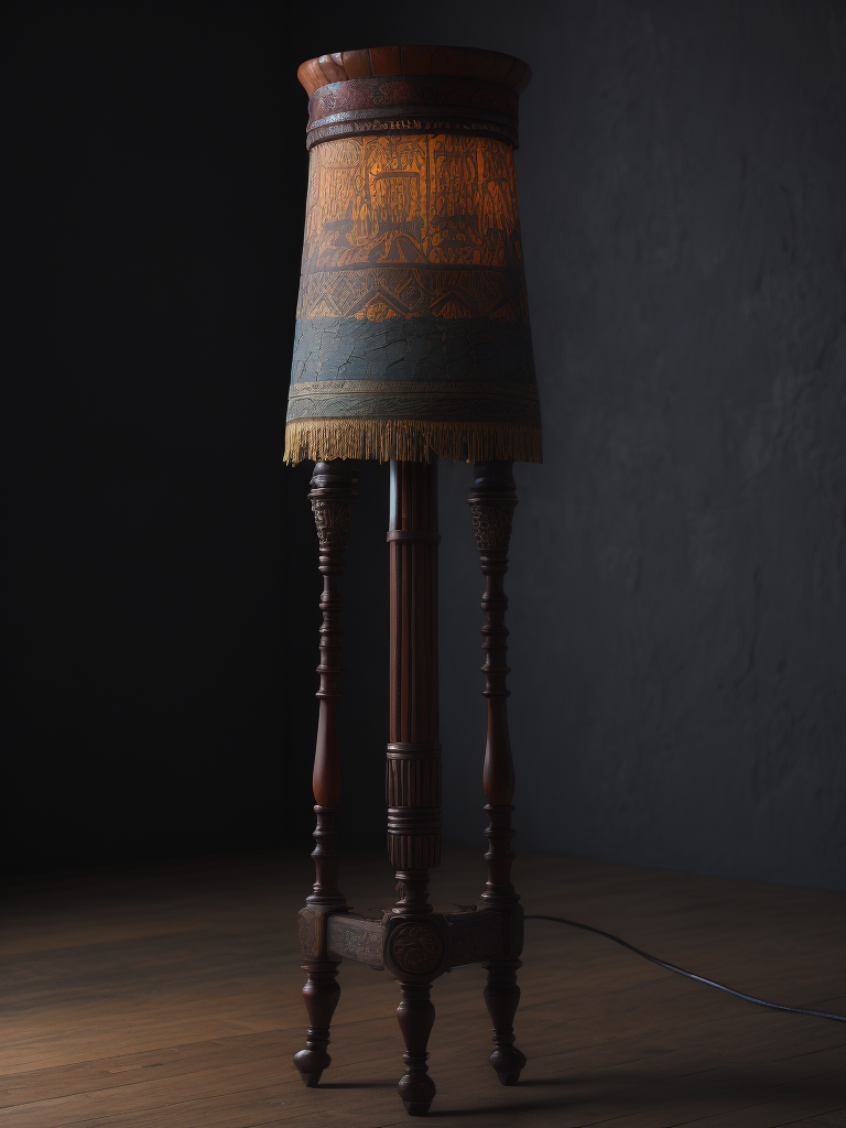 Floor lamp with carved wooden leg, first nation motives, north america redskin