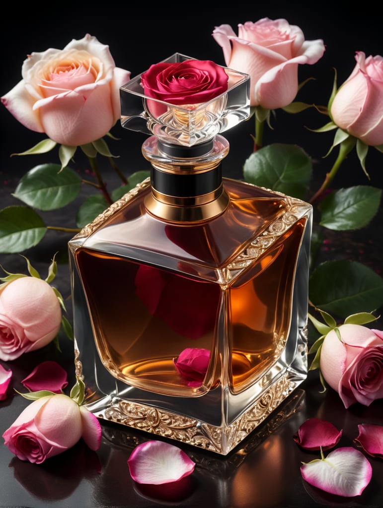 professional photography of a luxury perfume, square bottle, surrounding a rose petals, rose satin scarf on a background, no label, clear, mockup