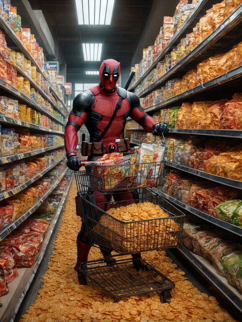 Deadpool fazendo compras com o Wolverine carrinho cheio de Sucrilhos