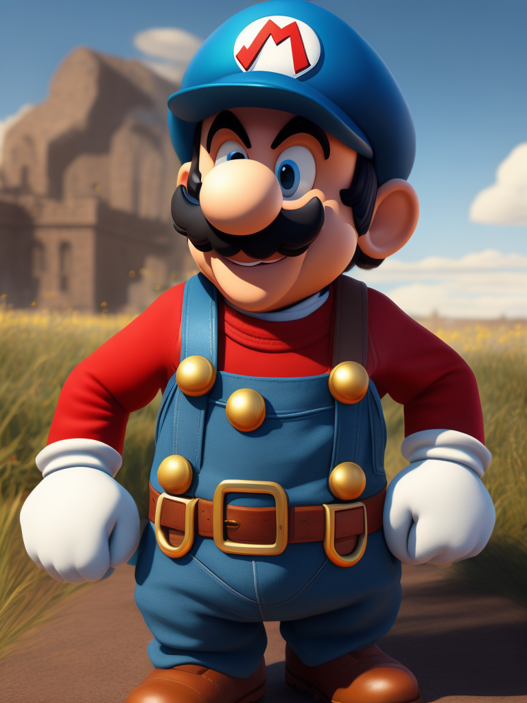 Super mario, creative, and kind-hearted person with mustache, Wearing blue pants with suspenders, brown boots, a red cap with the letter M, white gloves, big eyes, big nose standing centered in 3D style, rendered using beautiful Disney animation, Pixar style, Disney style, 3D style