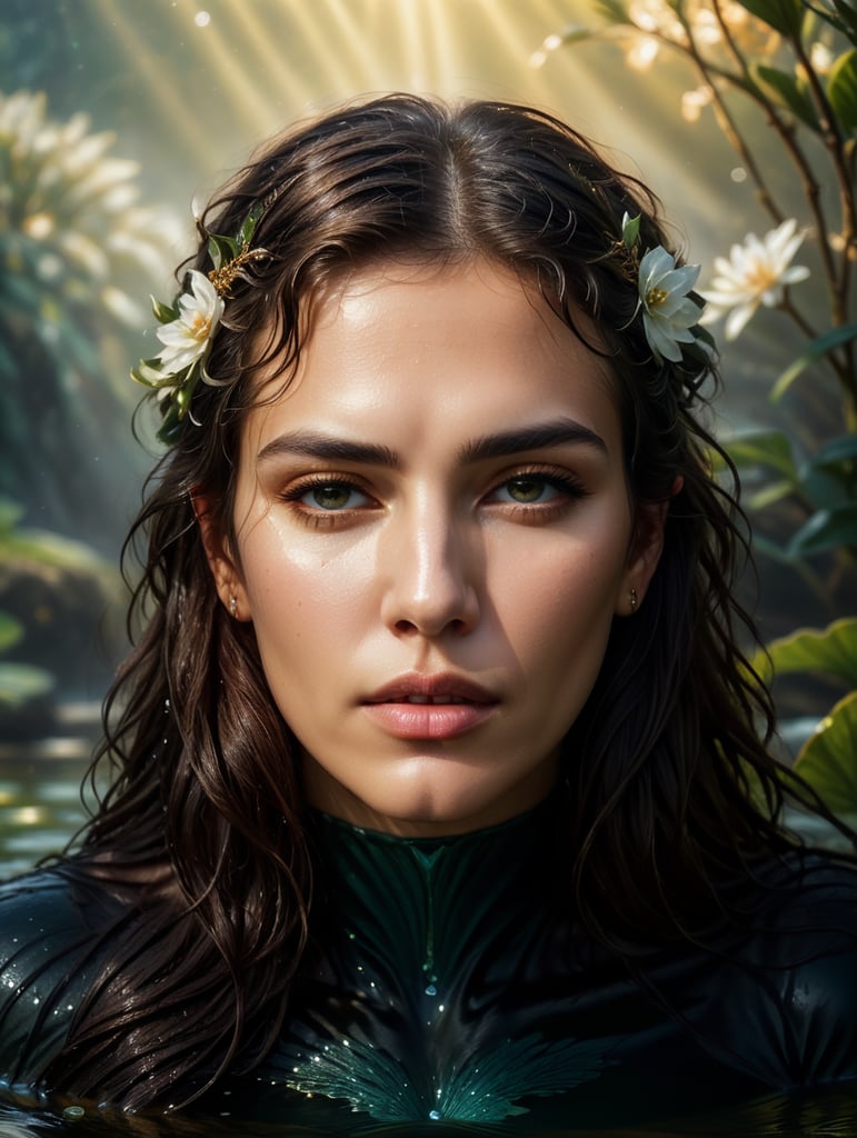 full body portrait of beautiful greek goddess, standing in a pond, soaking wet hair, by terry o'neill, elegant, highly detailed, digital painting, glistening skin, sharp focus, bright lighting, illustration, art by artgerm and greg rutkowski and alphonse mucha