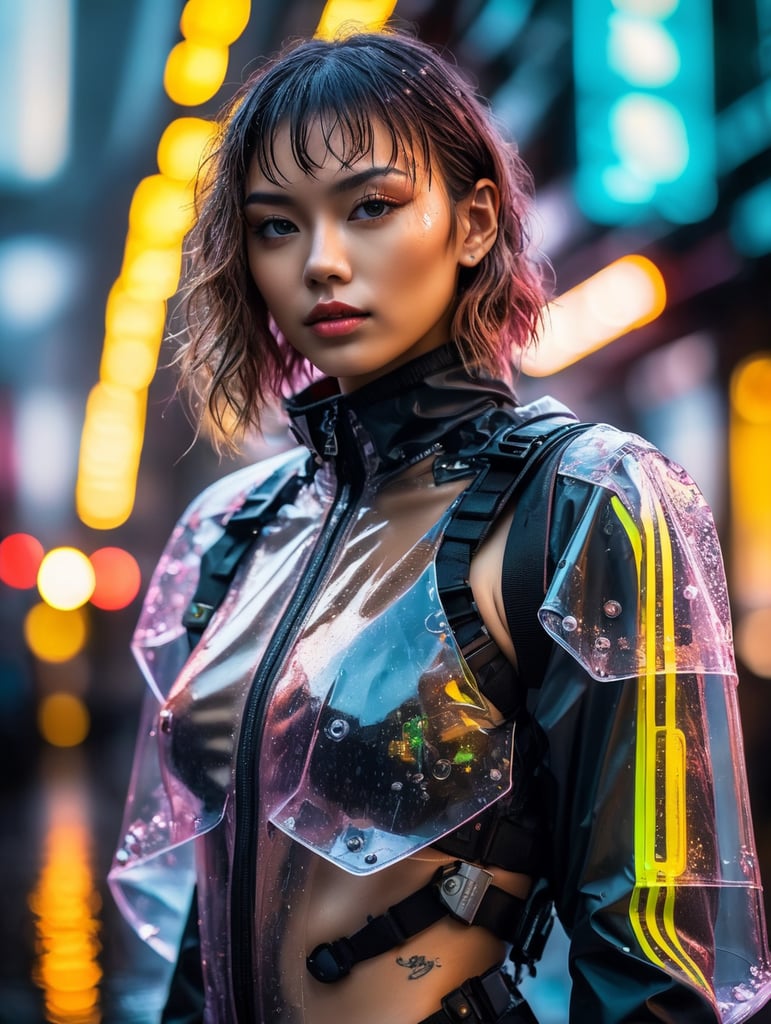 Cyborg girl wearing transparent raincoat, cyborg parts, rainy dark and neon tokio photo shoot, cyberpunk style, bright colours, high contrast, contrast lights