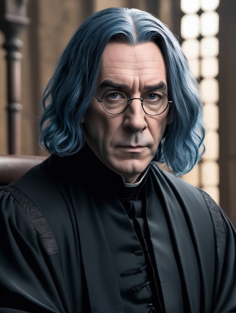 professor Snape from Harry Potter with blue hair, serious face teaching a lecture. He is wearing black robes.