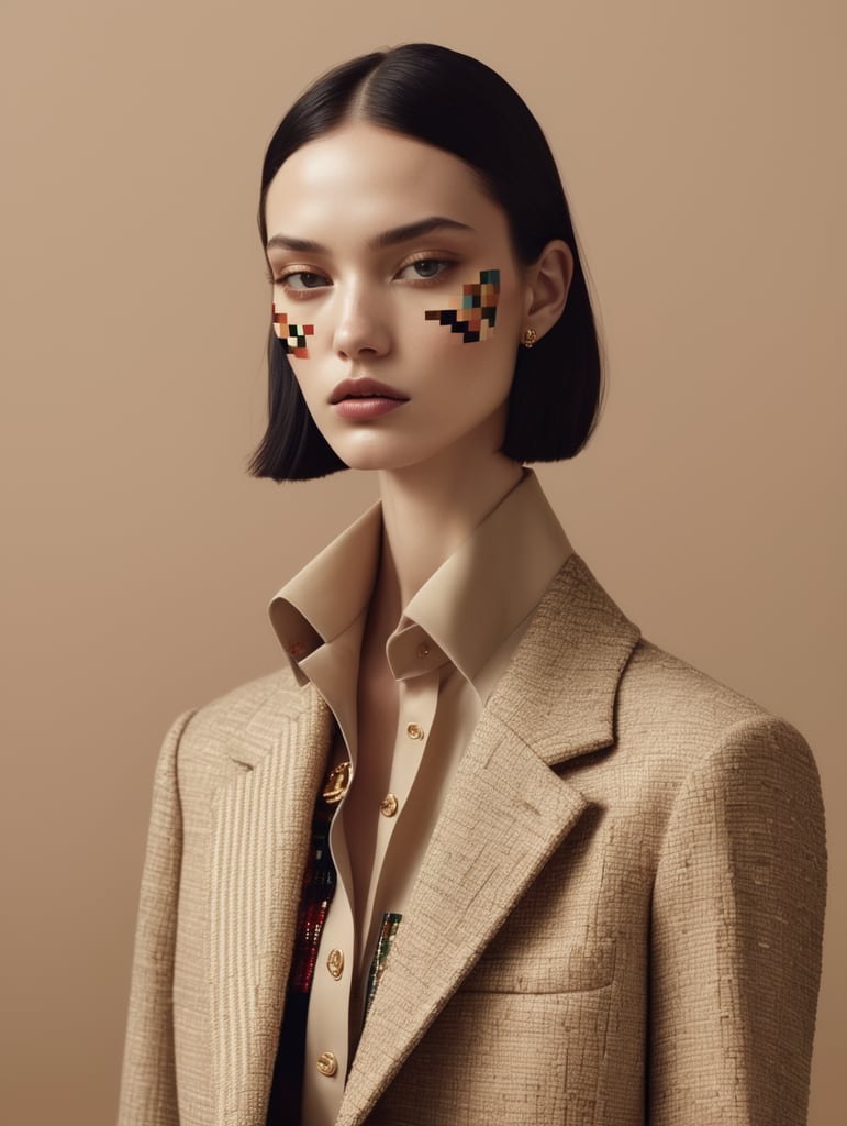 broken pixels portrait, vogue aesthetic, gucci style. beige tones, skinny