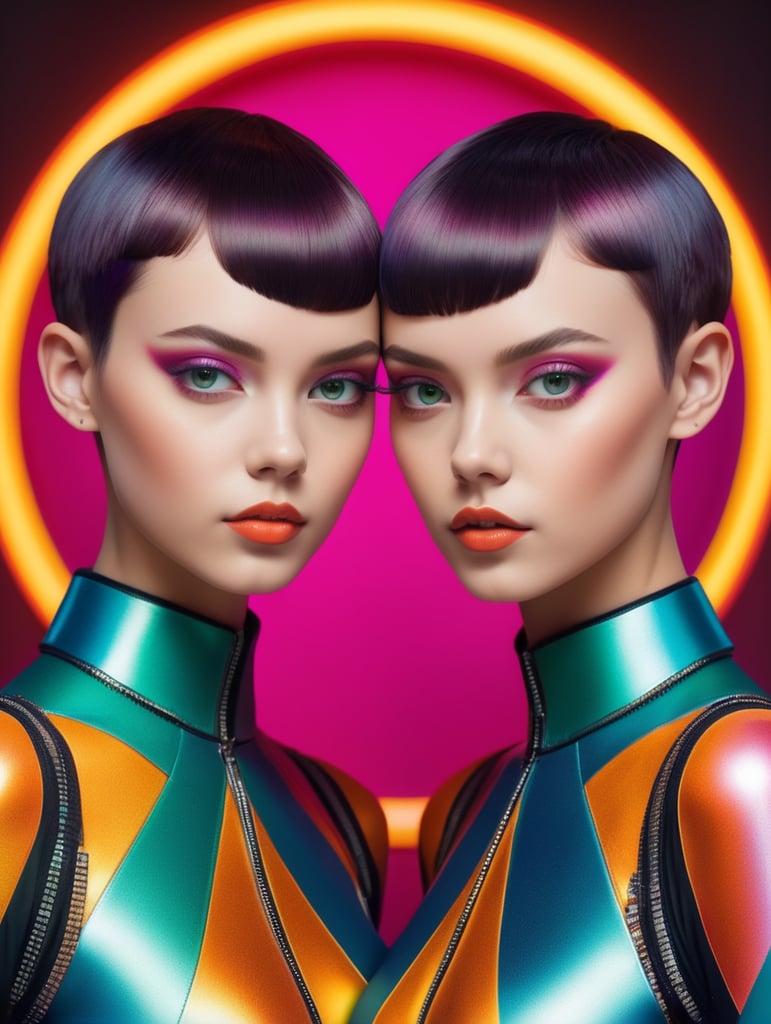 Futuristic portrait of two young girls with short hair standing next to each other, style of James Bidgood, frontal view, symmetry, Incredibly high detail, Bright colors