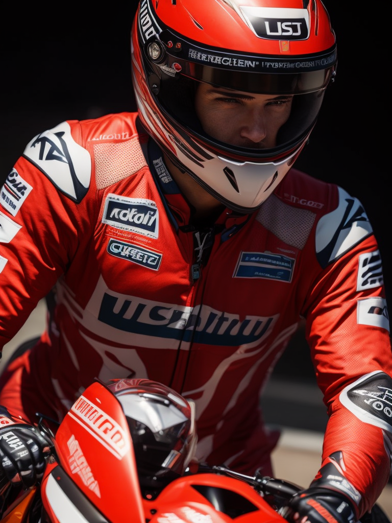 portrait of motogp racer on a bike, red colors, on the background of the race track