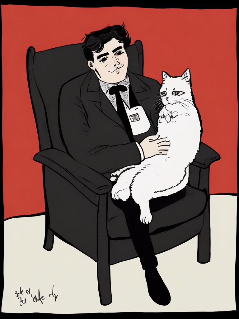 a vampire russian kgb man, successfully pretending to be an ordinary human citizen, sits in a chair and stroking his beloved cat, By Gemma Correll