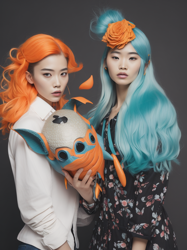 girls with toy characters and bright hair wearing colorful hair accessories, in the style of joong keun lee, multi-layered, dinocore, ren hang, pattern explosion, plasticien, light orange and light blue