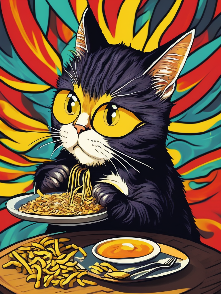 Cat eating ramen, trippy colors, cartoon style, comic style, manga style