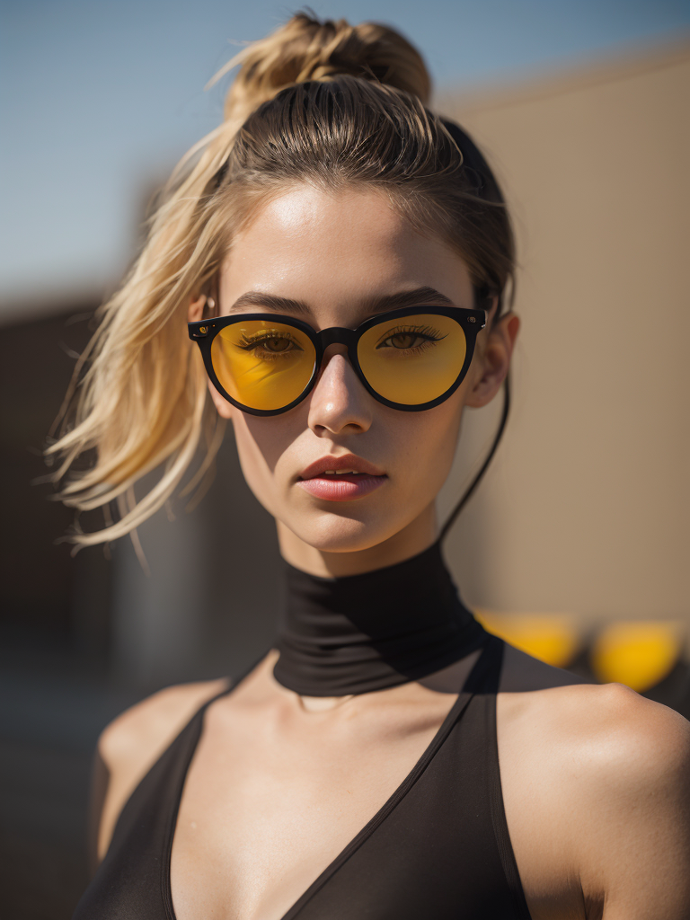 Portrait of a fashion model dressed in a black swimsuit and a yellow transparent sun glasses, Sunny weather, Contrasting light, Hair in a bun