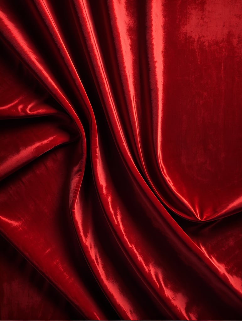 Luxorious red velvet cloth background. Foldes in the fabric. Warm spotlight in center. Top view. Photorealistic. Decorative red shiny lines.