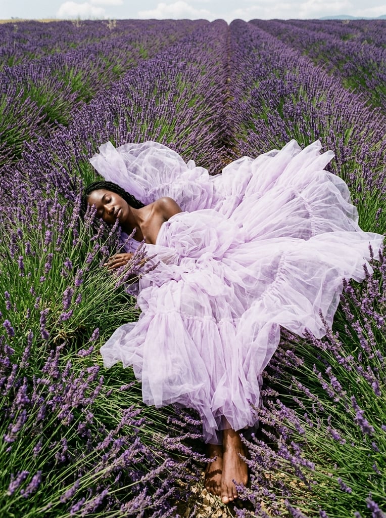 A fashion model lying down in a field of vibrant purple lavender, dark skin, wearing a voluminous, sheer lilac tulle gown, the fabric cascading and billowing over the flowers, eyes closed in a serene expression, face partially obscured by tall lavender stalks, bare shoulder visible, bright natural lighting, high contrast between the pale purple dress and the deep green and purple of the field, overhead perspective, editorial photography, highly detailed textures of the tulle and botanical elements
