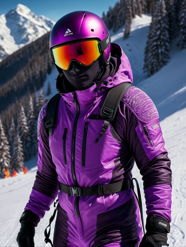 bright violet color, ski suit, commercial shoot, subject photography