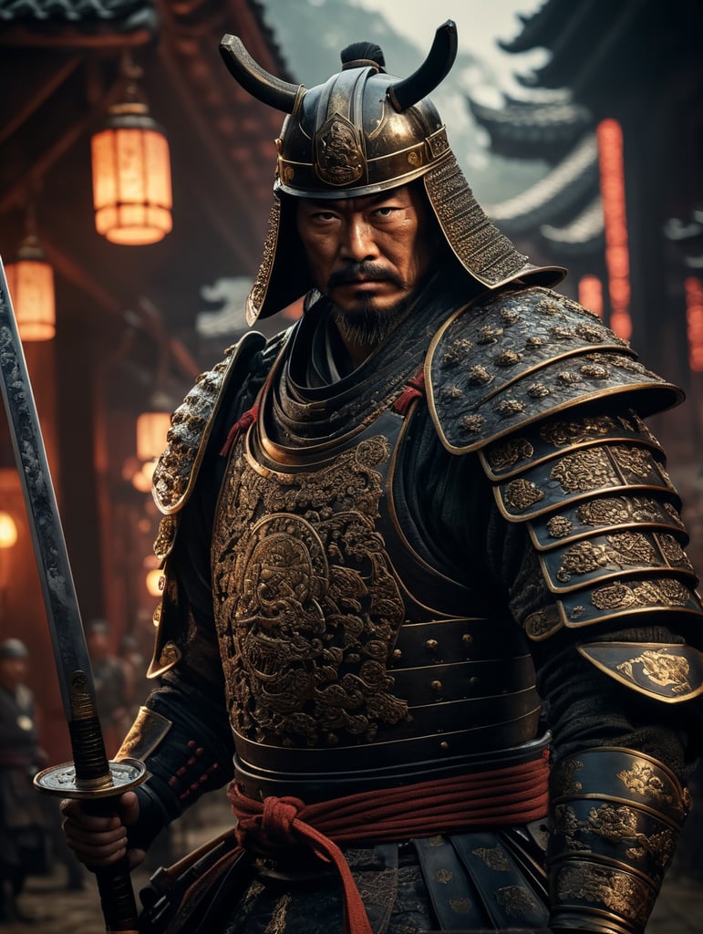 A samurai, intricate, sharp focus, fantasy, cinematic lighting, other worldy, surreal 8k photo, and dark moody aesthetic