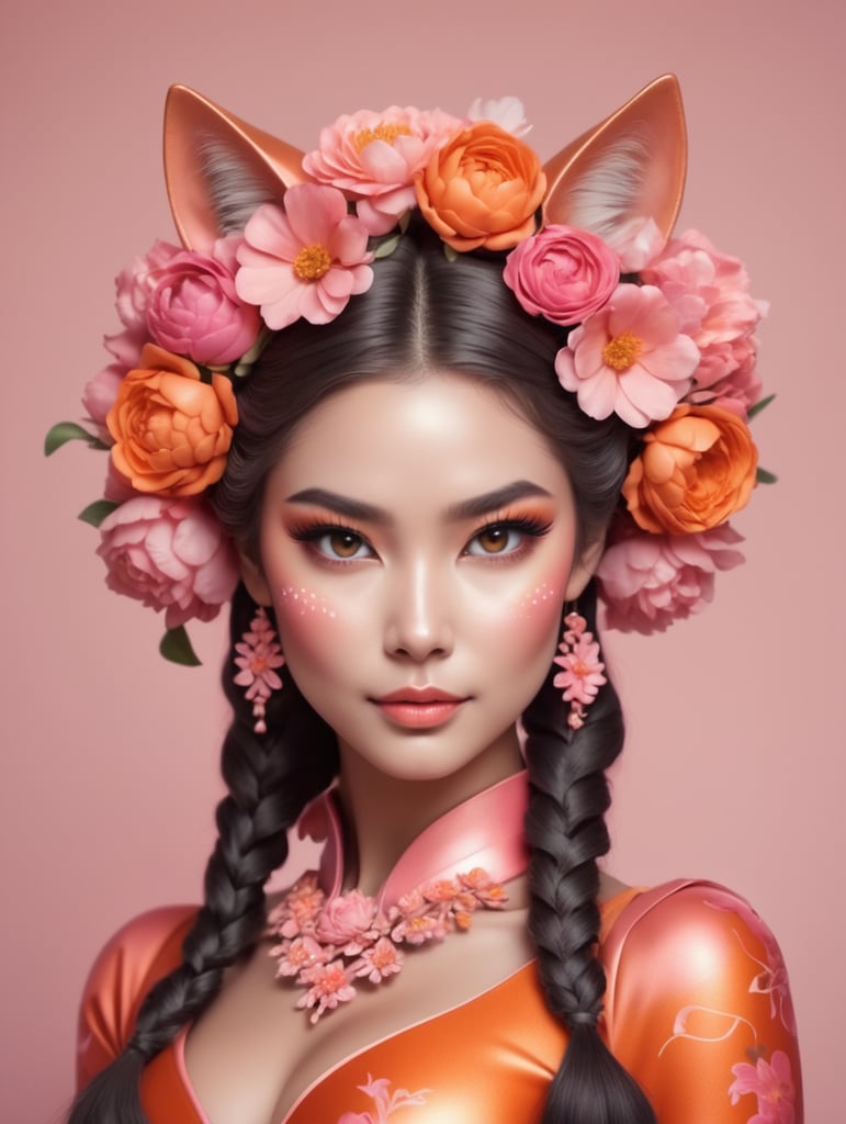 Cat woman kobieta kot uszy kwiat we włosach kolor różowy pomarańczowy