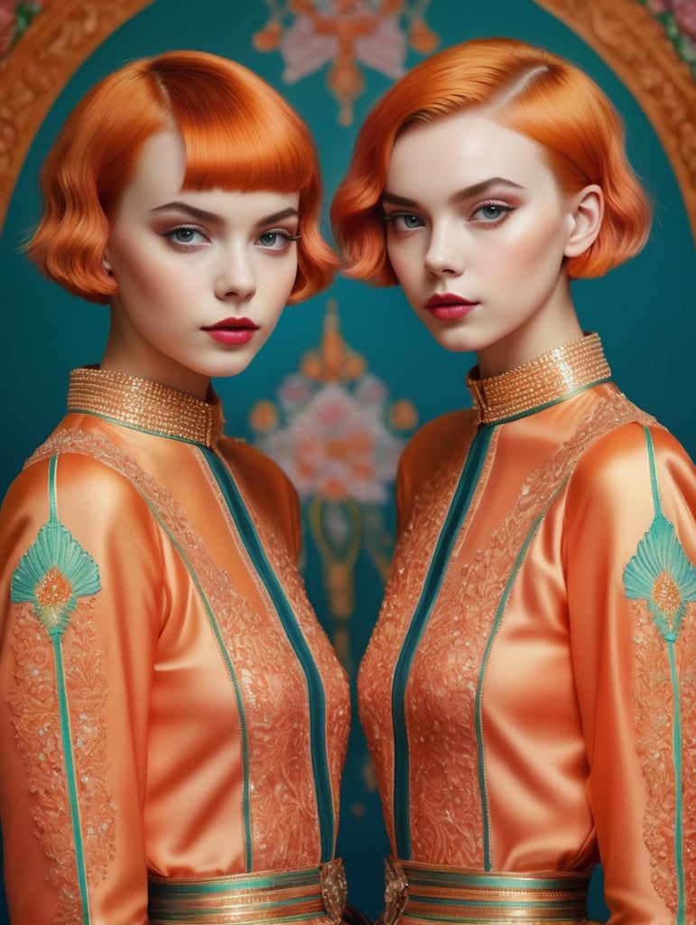 Modern portrait of two young girls with short hair standing next to each other, style of James Bidgood, frontal view, symmetry, Incredibly high detail, Bright colors