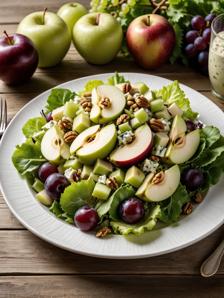 Waldorf Salad, small plate on a wooden table, Description: A delightful mix of crisp apples, celery, grapes, and walnuts in a mayonnaise-based dressing, often served on a bed of lettuce.