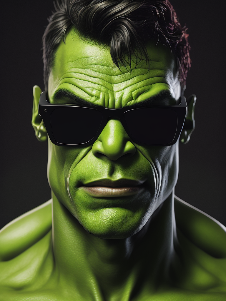 Portrait of a green hulk in ((black thick rimmed sunglasses)), Photography, studio photo, professional photo, Rich colors, Detailed image, detailed face