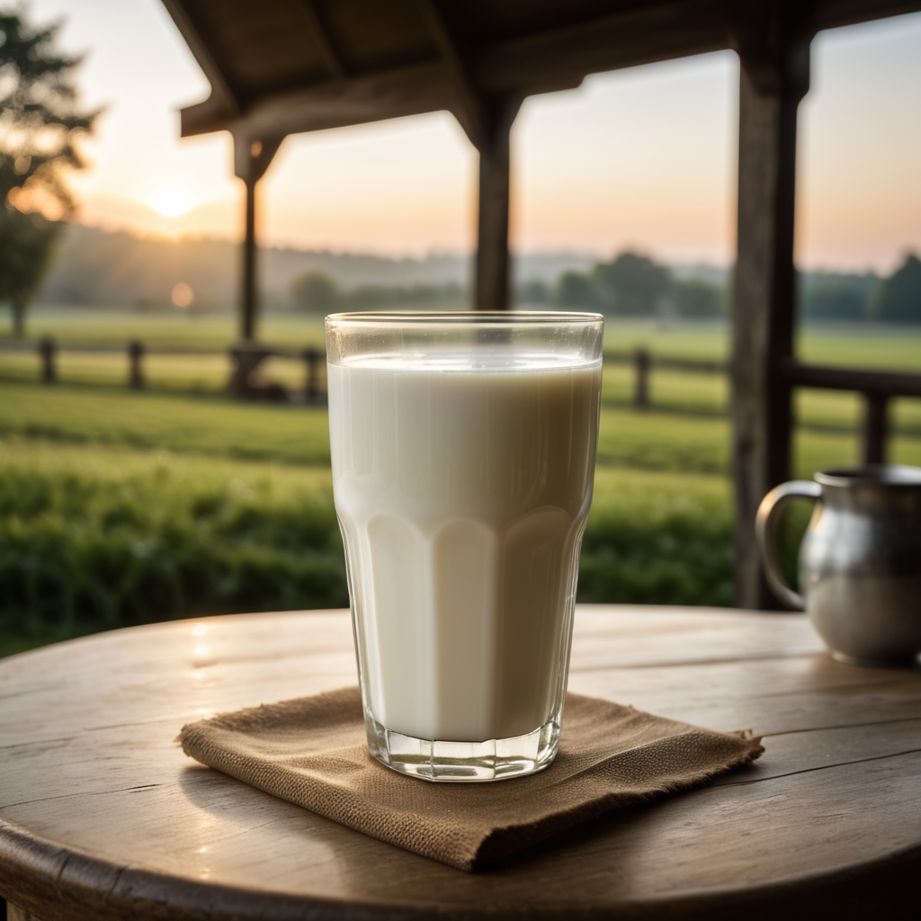 A mockup of a glass of milk, early morning, farm breakfast, blurred background