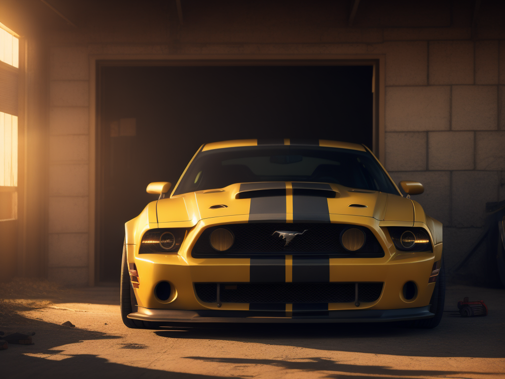 A videogame background image of a dusty garage, a racing Mustang car in the foreground with visible wear and tear, yellow sun rays coming inside from a small window illuminate the car, incredible graphics, 4k