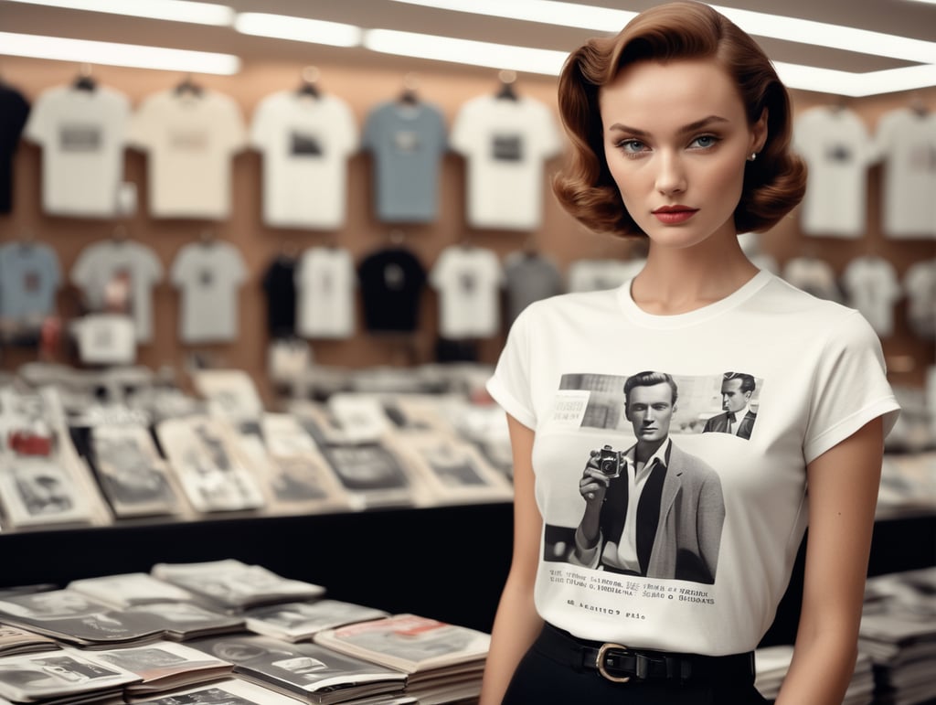 Extremely detailed photographic image, grained image, beautifully composed, monochrome image, 50's fashionable image, fashionable magazine photography, leica summicron 35mm f2.0, kodak 400tx, fashion photography, fashionable model, william s. burroughs, Woman wearing blank white T-Shirt in Clothing Store Mockup, mock up
