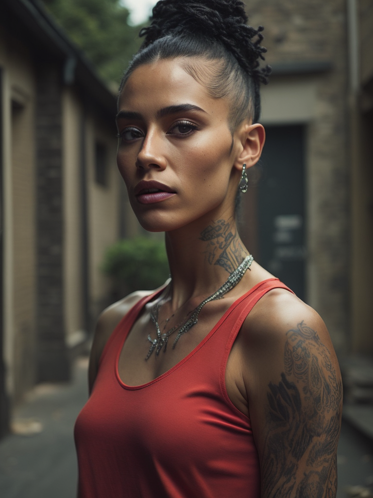 beautiful indigenous teen girl, buzz cut, tattoos, gang member, sleeveless red shirt,in an alley