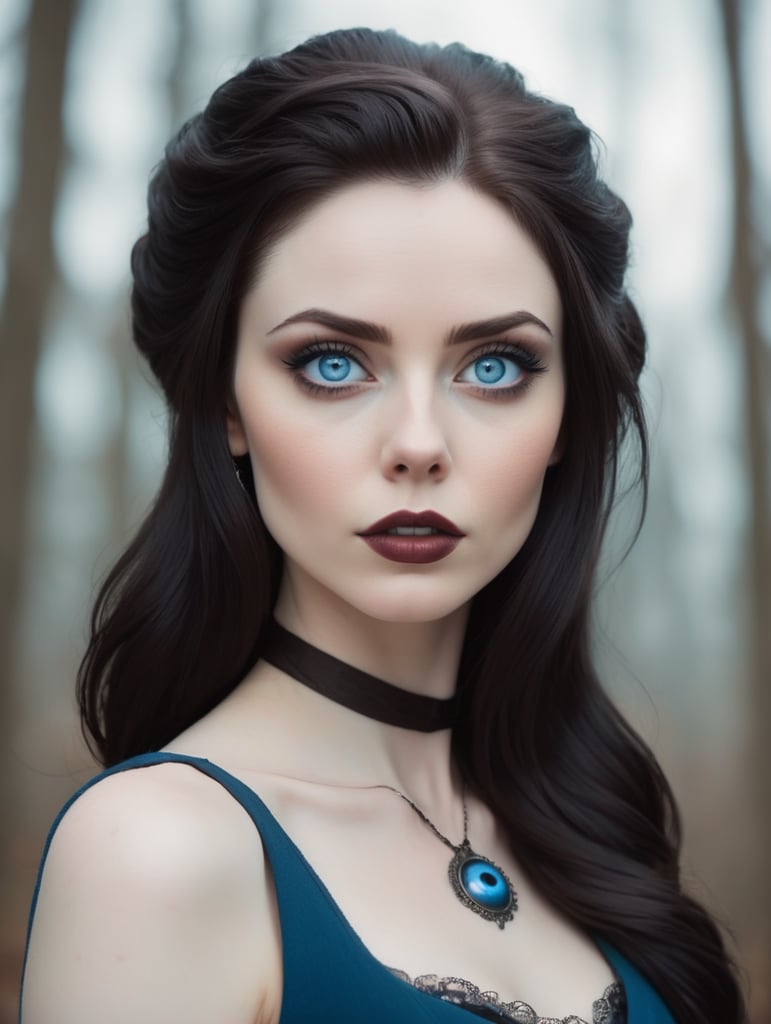 Beautiful pale skin, dark brown hair, stylized hair, blue eye, woman looking slightly up an off into the distance, 3 4 turn, goth, evil