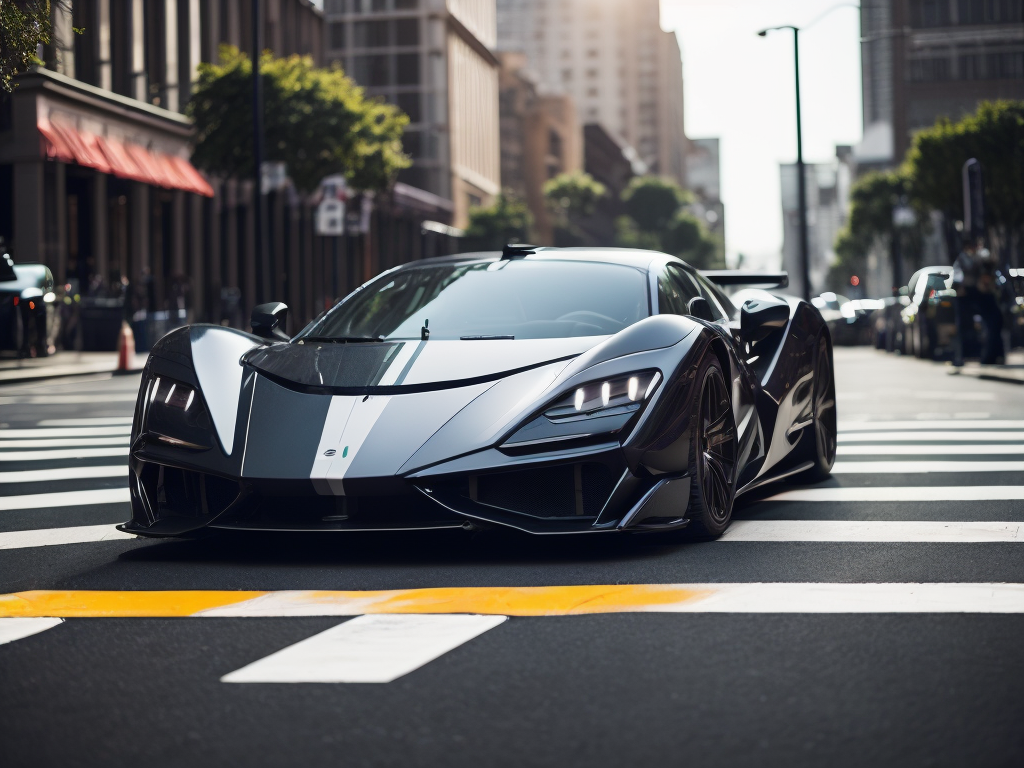 racing super car on a city street crosswalk, sunny day, high details