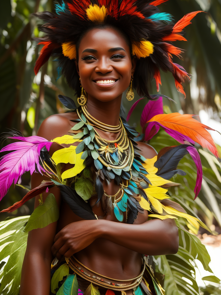 Papua New Guinea lady smiling, head dress, bright multi coloured feathers, chocolate brown coloured background of leaves , tropical, dramatic light, vibrant iridescent colours,