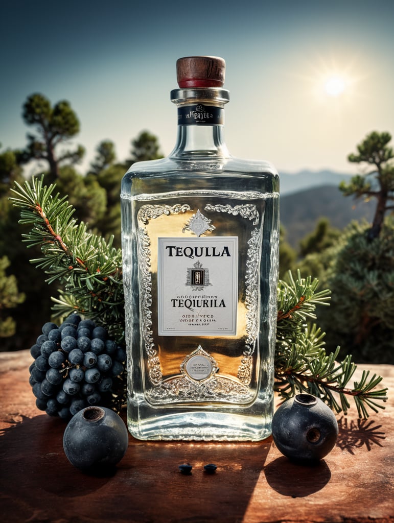 professional photography of a square gin bottle, square bottle, surrounding a juniper and juniper berries, one shot of tequila, salt, no label, clear, mockup