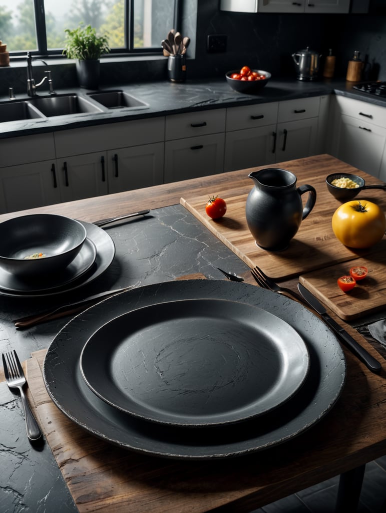 modern kitchen table, empty plate, mockup