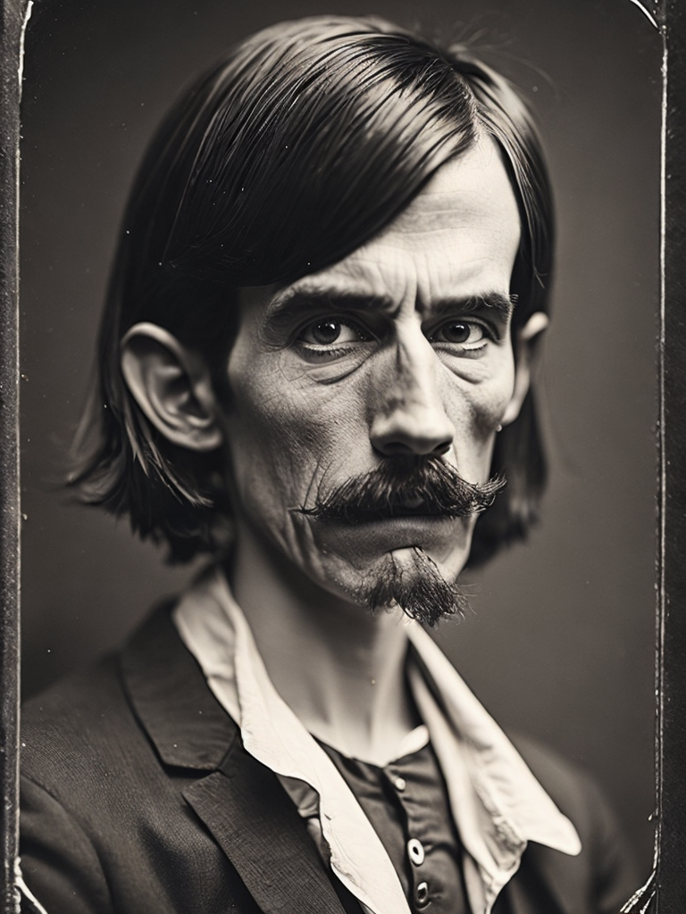 a wet plate photograph of a scary wooden Pinocchio with very long wooden nose and dark bob haircut, neutral emotions on his face