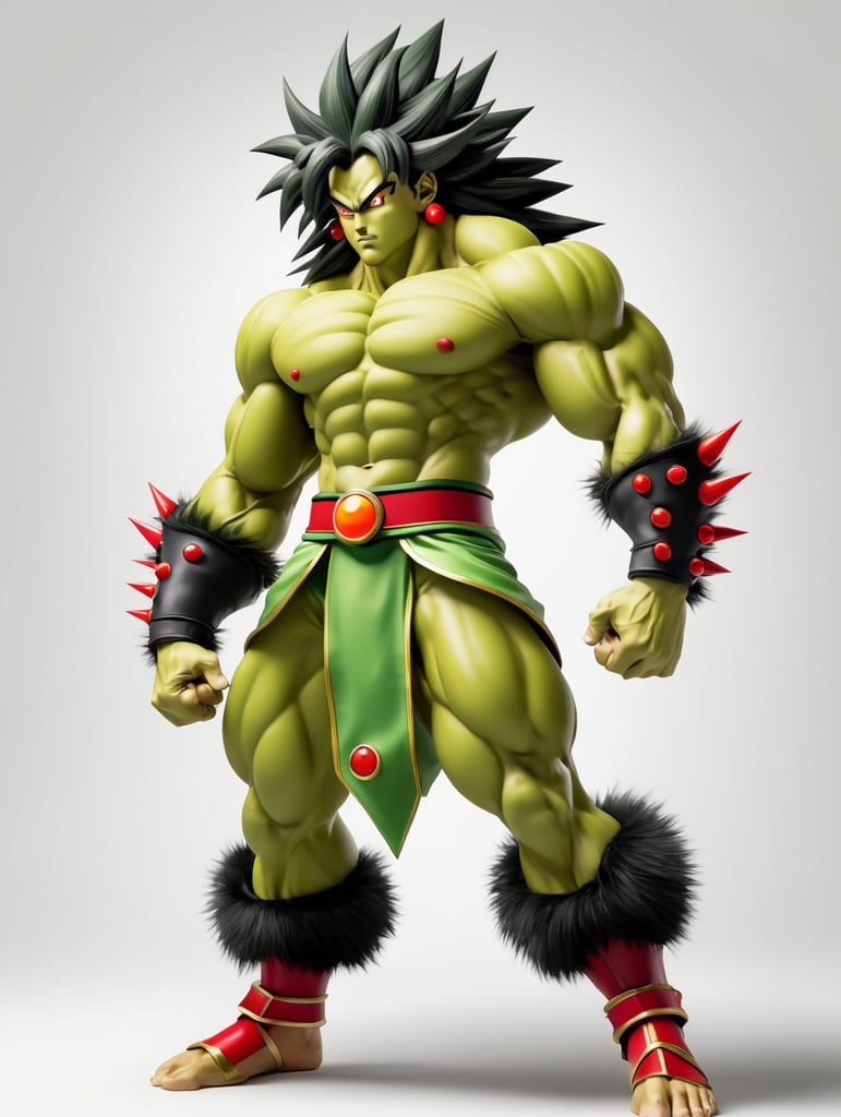 fullbody of a broly dragonball art style for Broly is a large, muscular Saiyan with a light skin complexion. He has black, spiky hair that reaches his mid-back, and short bangs framing his forehead. His eyes are a dark green color. Broly's head is his most distinctive feature. It is large and round, with a single, red eye in the center. The eye is surrounded by a yellow ring, and there is a small, black dot in the center of the ring. Broly's forehead is covered in a series of ridges, and he has two antennae that extend from his forehead. Broly's body is covered in a layer of green fur. He has four arms and four legs, and his muscles are well-defined. He has a tail that is about the same length as his body. Broly's skin is a light shade of green. His hair is black, and his eyes are dark green. His fur is also green, fullbody character