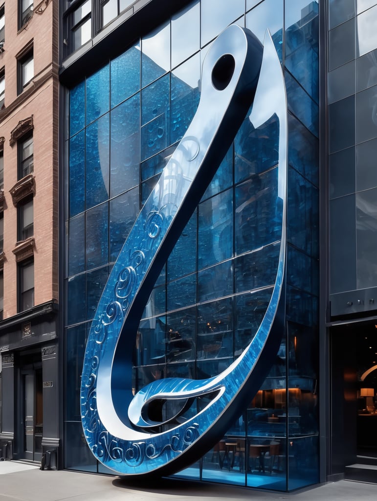 A futuristic neocosmic architectural facade of à Restaurant on the form of a musical note, in New York city, in blue glass, hyper realistic, hyper detailed, Nikon camera