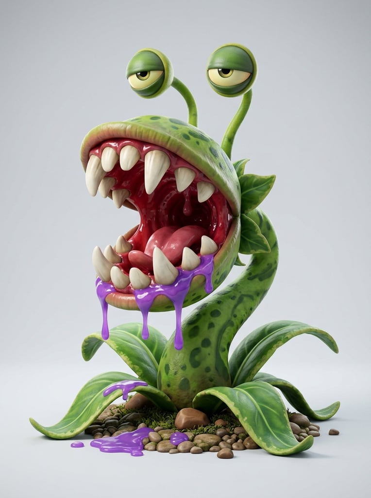 3D stylized monstrous carnivorous plant, gaping split-pod mouth, large interlocking bone-white fangs, deep red interior, thick glossy purple slime dripping from lower jaw, prominent sleepy eyes on green stalks, yellow sclera, half-closed eyelids, bulbous twisted green stem base, broad curving green leaves, darker green mottled spots, small brown stones at the roots, seamless light grey studio background, cartoon realism, soft volumetric studio lighting, vibrant color palette, high-resolution 3D sculpt, character concept art
