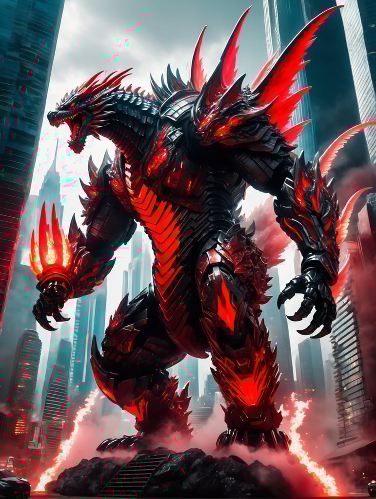 high ground angle shot, skyscrappers on low ground, a angry screaming Godzilla fusion Ender dragon, futuristic organic armor like creatures in action with white and red aura and unleashing an attacks, neon light, detailed anime style, fw murano style, full body GALAXY armour, plumes of jet black plumes smokes, In the style of Prokoko, with a focus on bold, expressive brushstrokes and vivid colors, The modifier is CarnageStyle, the color is blood_red, and the intensity is 1. 6, the lighting is cinematic, the angle is dynamic, the details are extreme